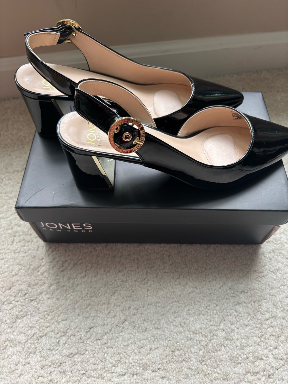 Jones New York Black Patent Slingback Block Heel with Gold Accent